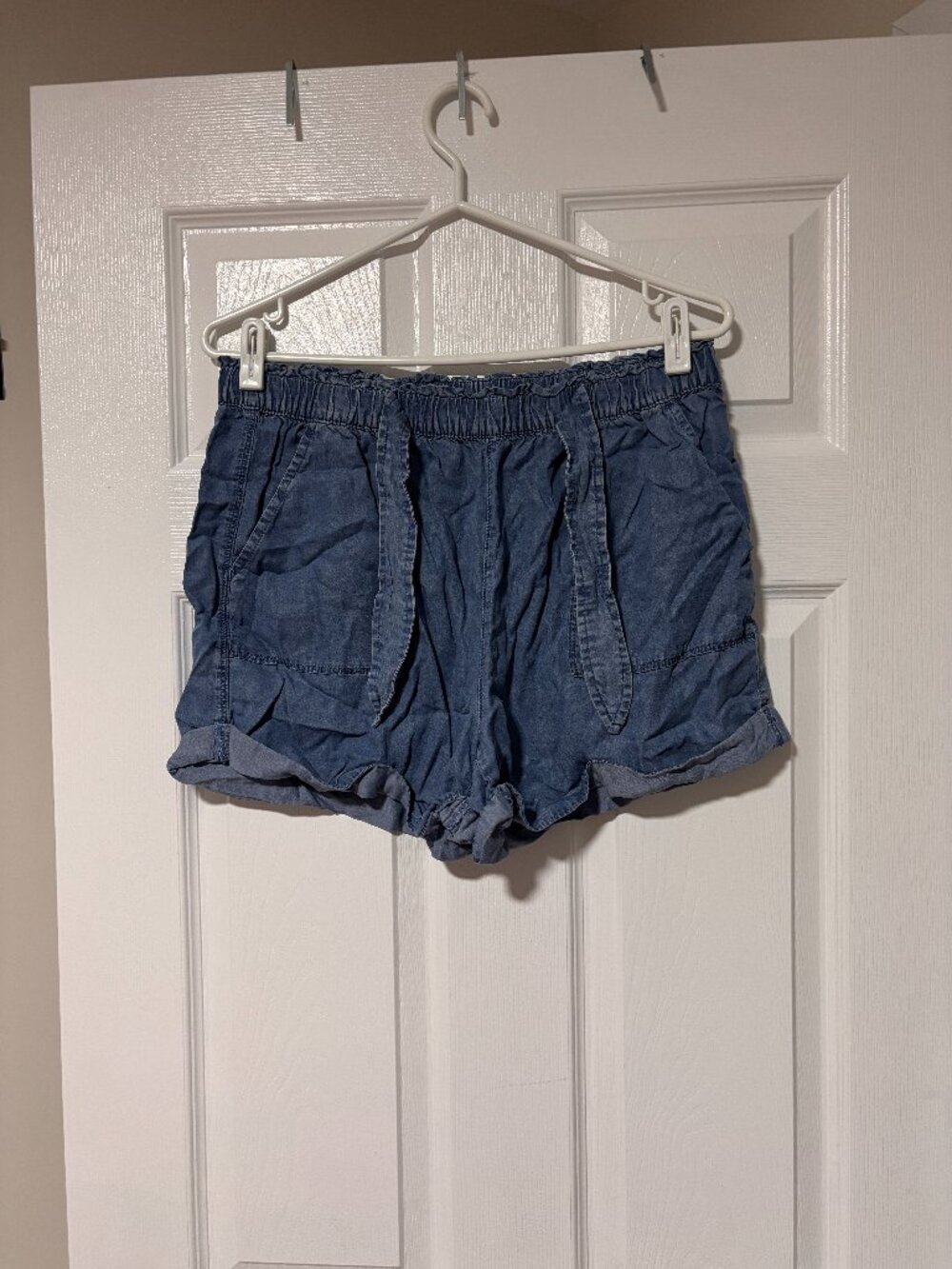 Paperbag Waist Tie Shorts | Lightweight Blue Casual Summer Shorts (XL)